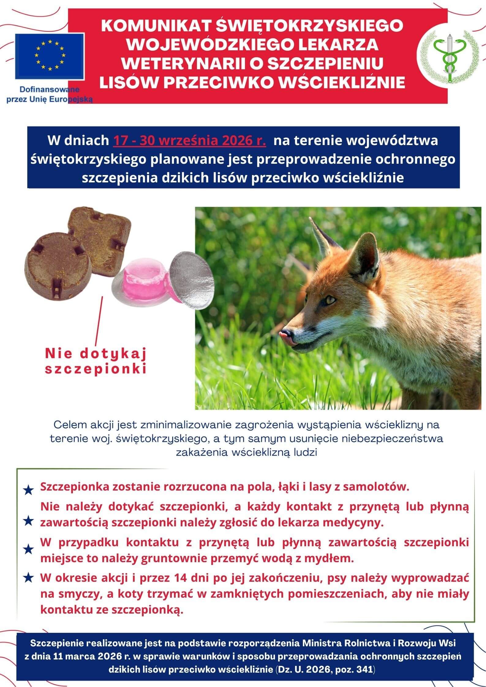 Komunikat Świętokrzyskiego Wojew&oacute;dzkiego Lekarza Weterynarii o&nbsp;szczepieniu lis&oacute;w przeciwko wściekliźnie.