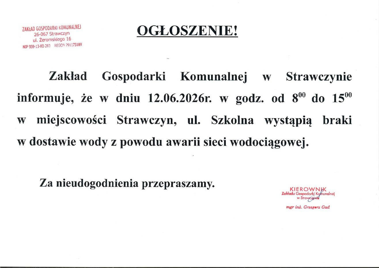 Braki w&nbsp;dostawie wody na&nbsp;ul. Szkolnej w&nbsp;Strawczynie w&nbsp;dniu 12.06.2026r. z&nbsp;powodu awarii