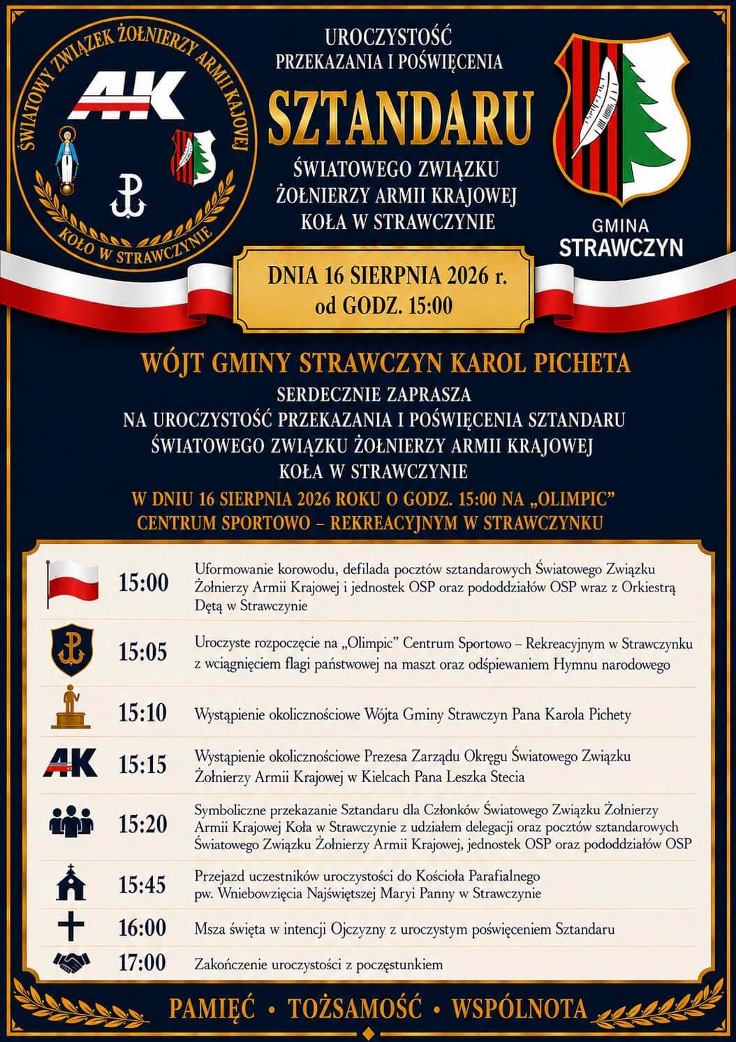 uroczystość przekazania i&nbsp;poświęcenia sztandaru Światowego Związku Żołnierzy Armii Krajowej Koła w&nbsp;Strawczynie