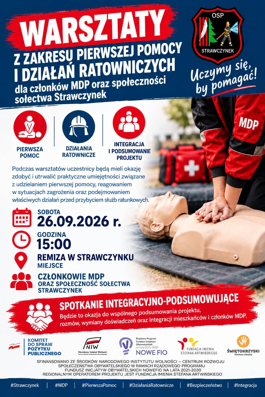 Plakat - warsztaty z&nbsp;zakresu pierwszej pomocy i&nbsp;działań ratowniczych w&nbsp;Strawczynku &nbsp;