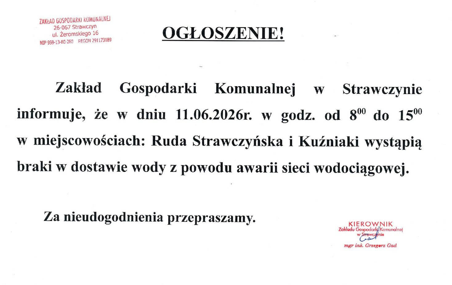 Braki w&nbsp;dostawie wody w&nbsp;Rudzie Strawczyńskiej i&nbsp;Kuźniakach