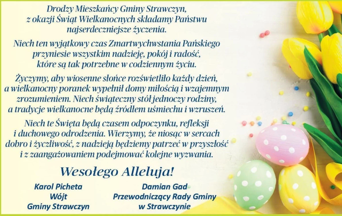 Wielkanocna kartka świąteczna, życzenia składane przez Wójta Gminy i Przewodniczącego Rady Gminy