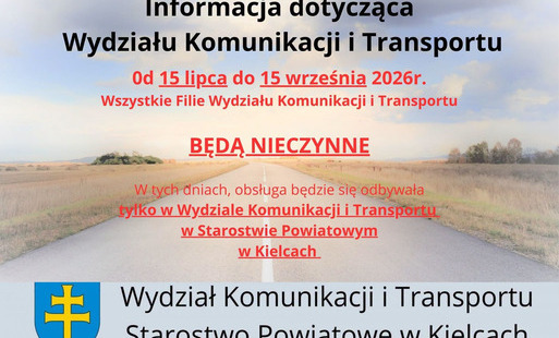 Informacja Starostwa: Od dnia 15 lipca do dnia 15 września 2026 roku filia Wydziału Komunikacji w Strawczynie będzie nieczynna