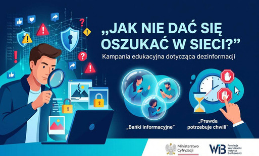 Człowiek z lupą, obok napis Jak nie dać się oszukać w sieci