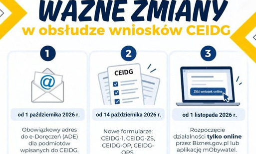 Napis: Ważne zmiany. Rejestracja działalności w CEIDG tylko elektronicznie