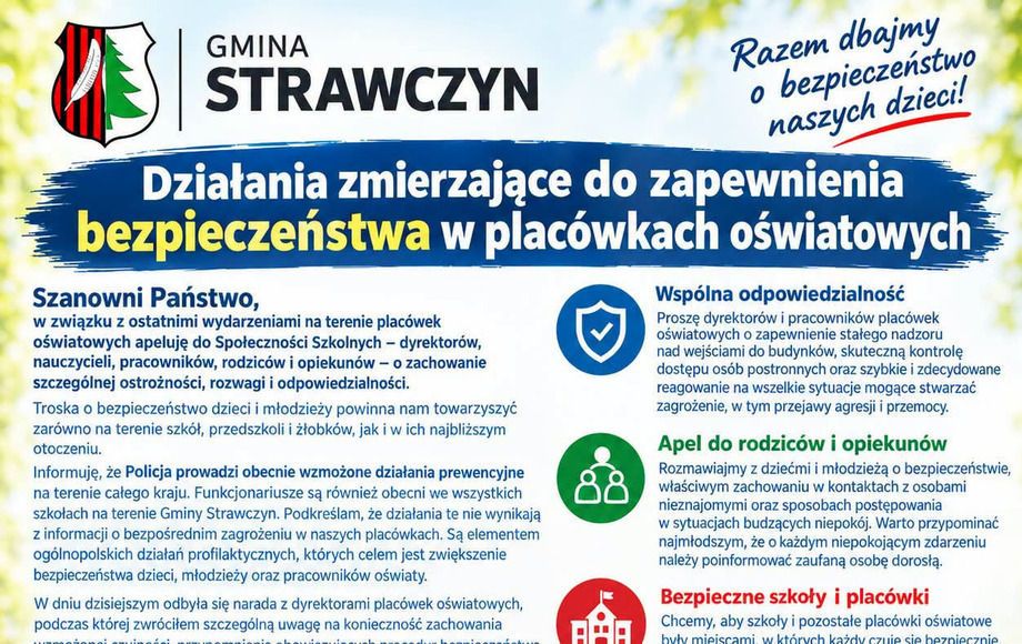 Apel Wójta Gminy Strawczyn w sprawie bezpieczeństwa w szkołach